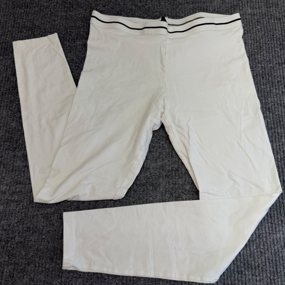 HUE Women's Large White Leggings Black Striped Waistband Stretch Active Pants‎